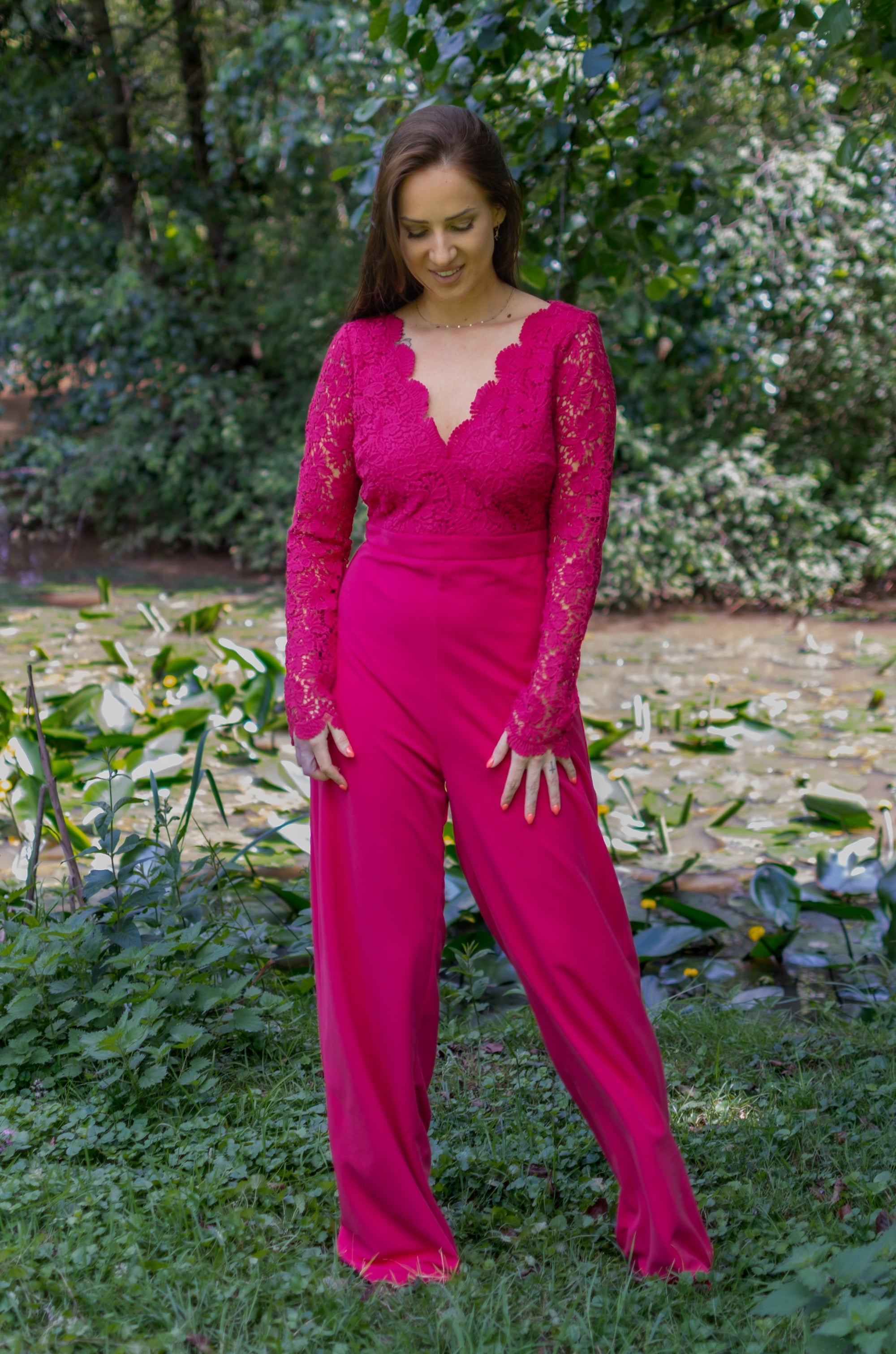 Lovely Lace Jumpsuit - Hot Pink