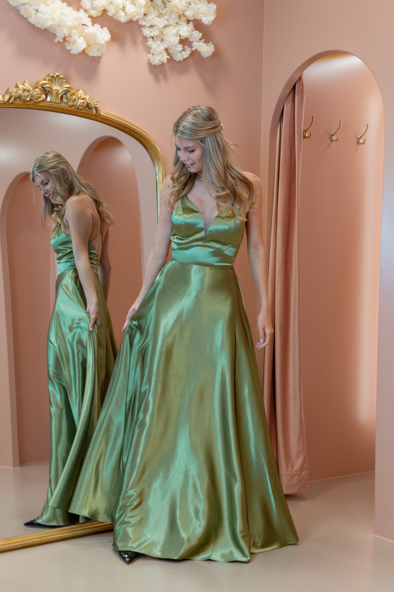 Satin Dress - Olive Sage Green