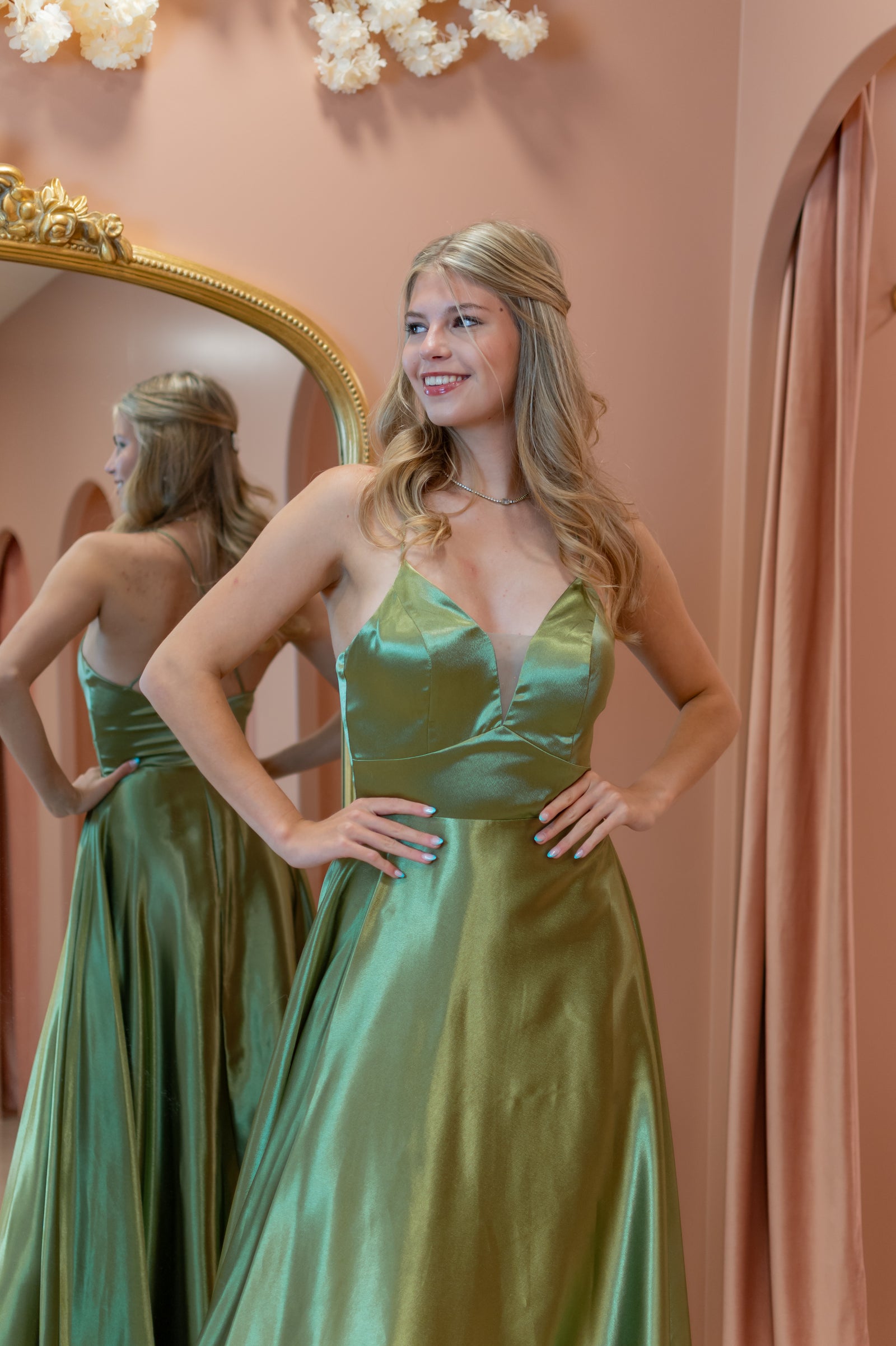 Satin Dress - Olive Sage Green