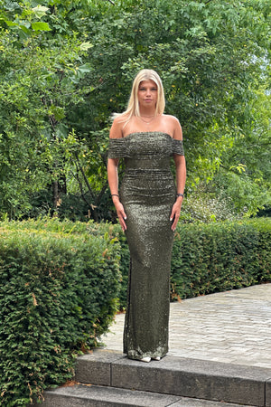 Hollywood Star Dress - Khaki Green Glitter
