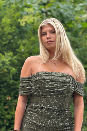 Hollywood Star Dress - Khaki Green Glitter
