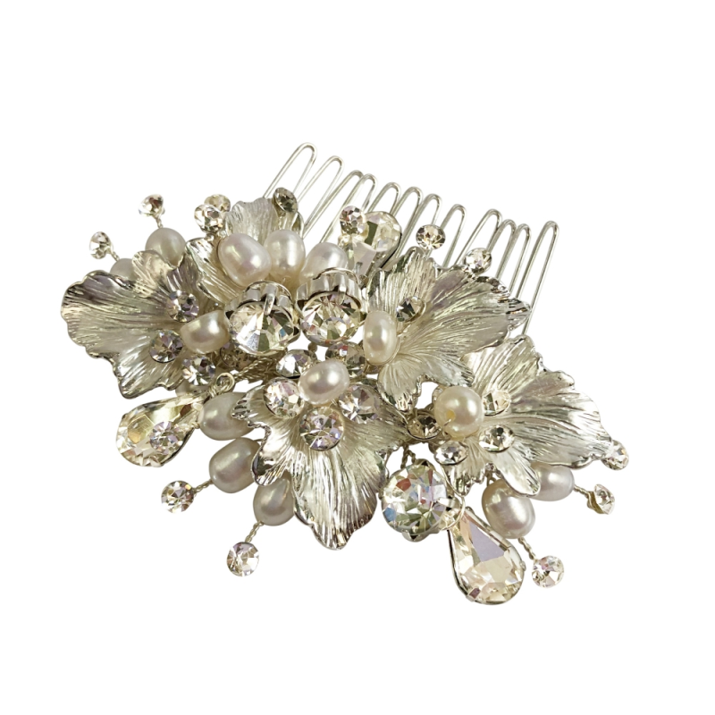 Flora Hair Comb - Silver & Beads