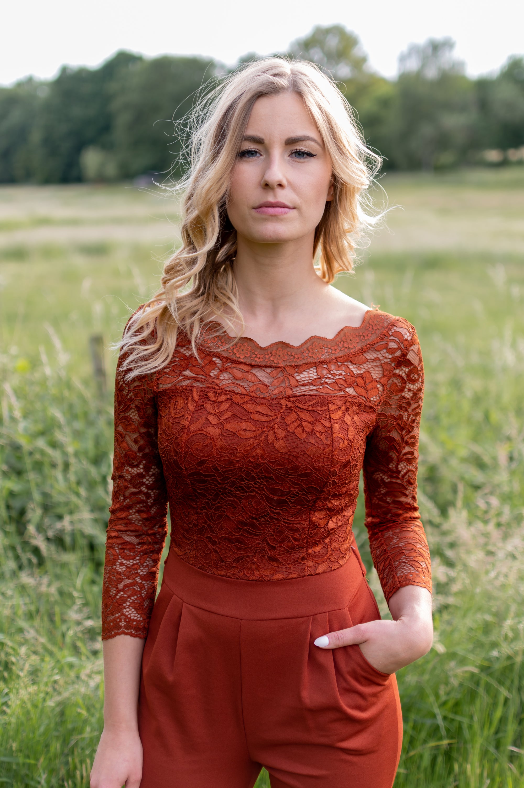 Lace Sleeves Jumpsuit - Rust