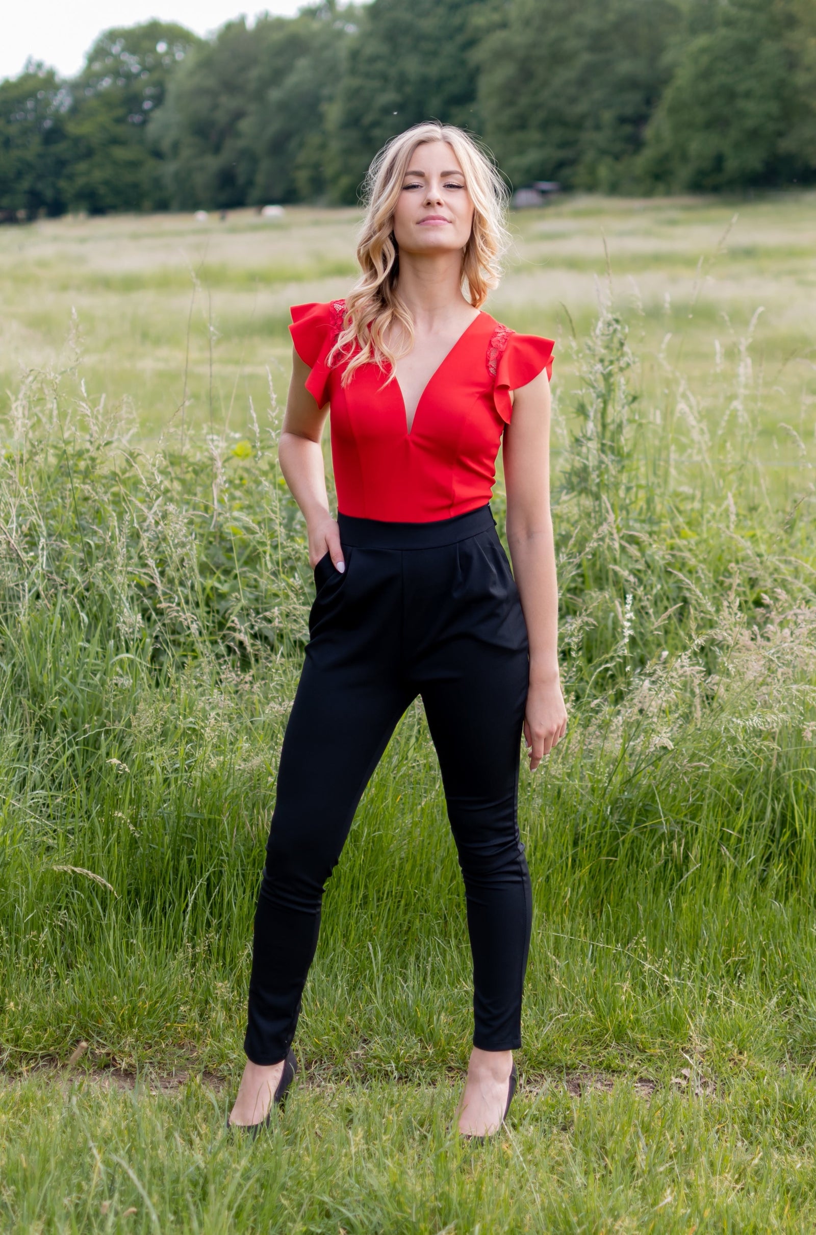 Pretty Details Jumpsuit - Black & Red
