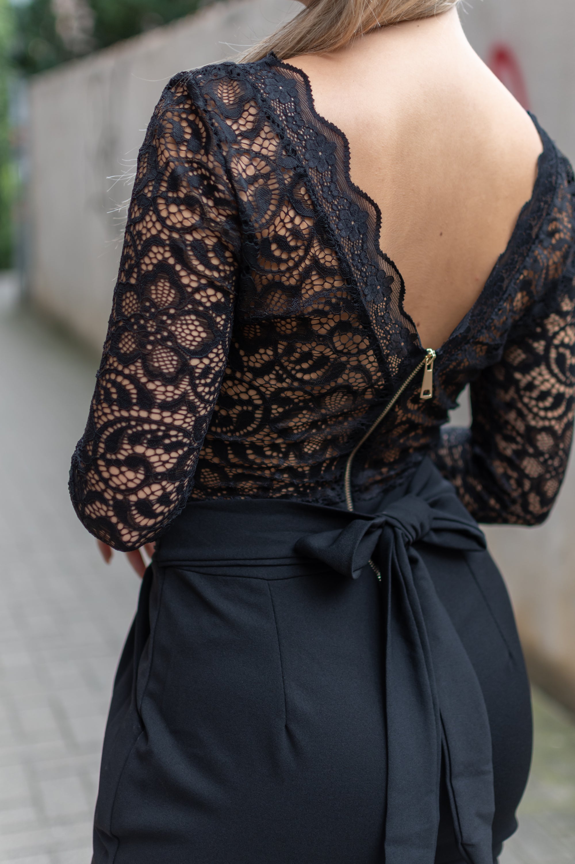 Lace Sleeves Jumpsuit - Black
